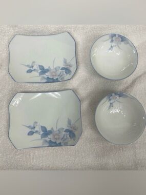Vintage Japan White Blue Watercolor Rice Bowls + Plates + Chopstick Set of 2